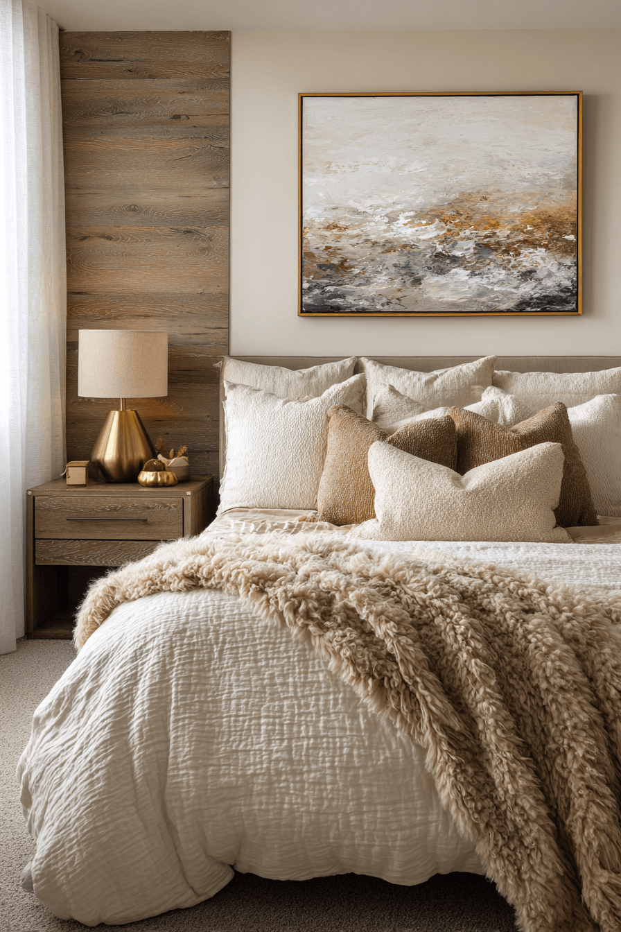 Latte-toned warm bedroom with creamy bedding and caramel accents
