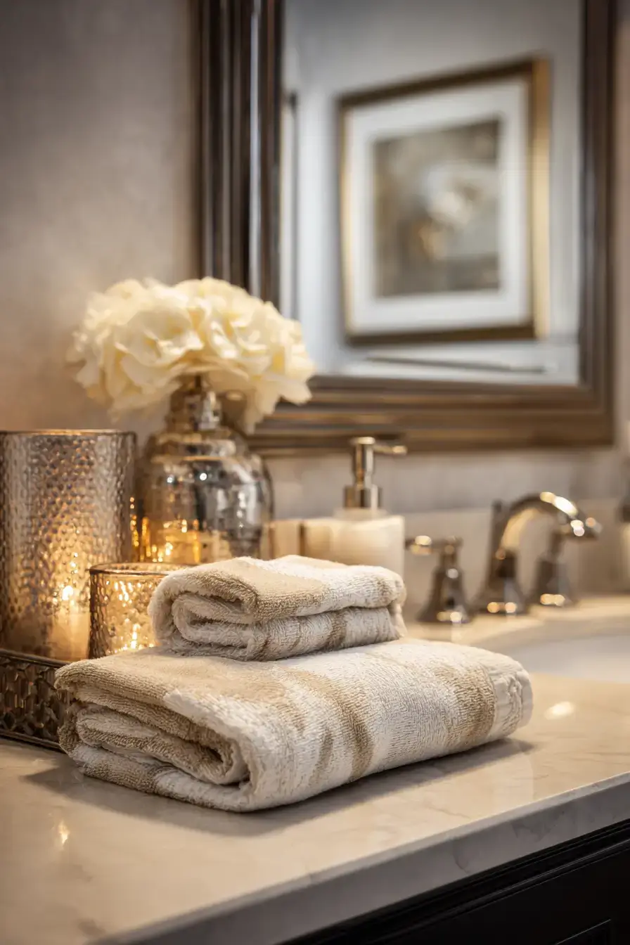 Boutique hotel style bathroom with soft towels and elegant accents