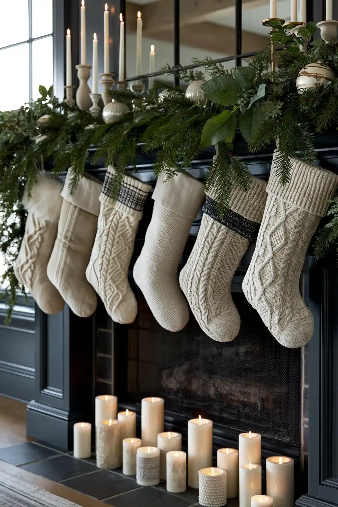 Elegant Christmas mantel showcasing coordinated stockings and garland