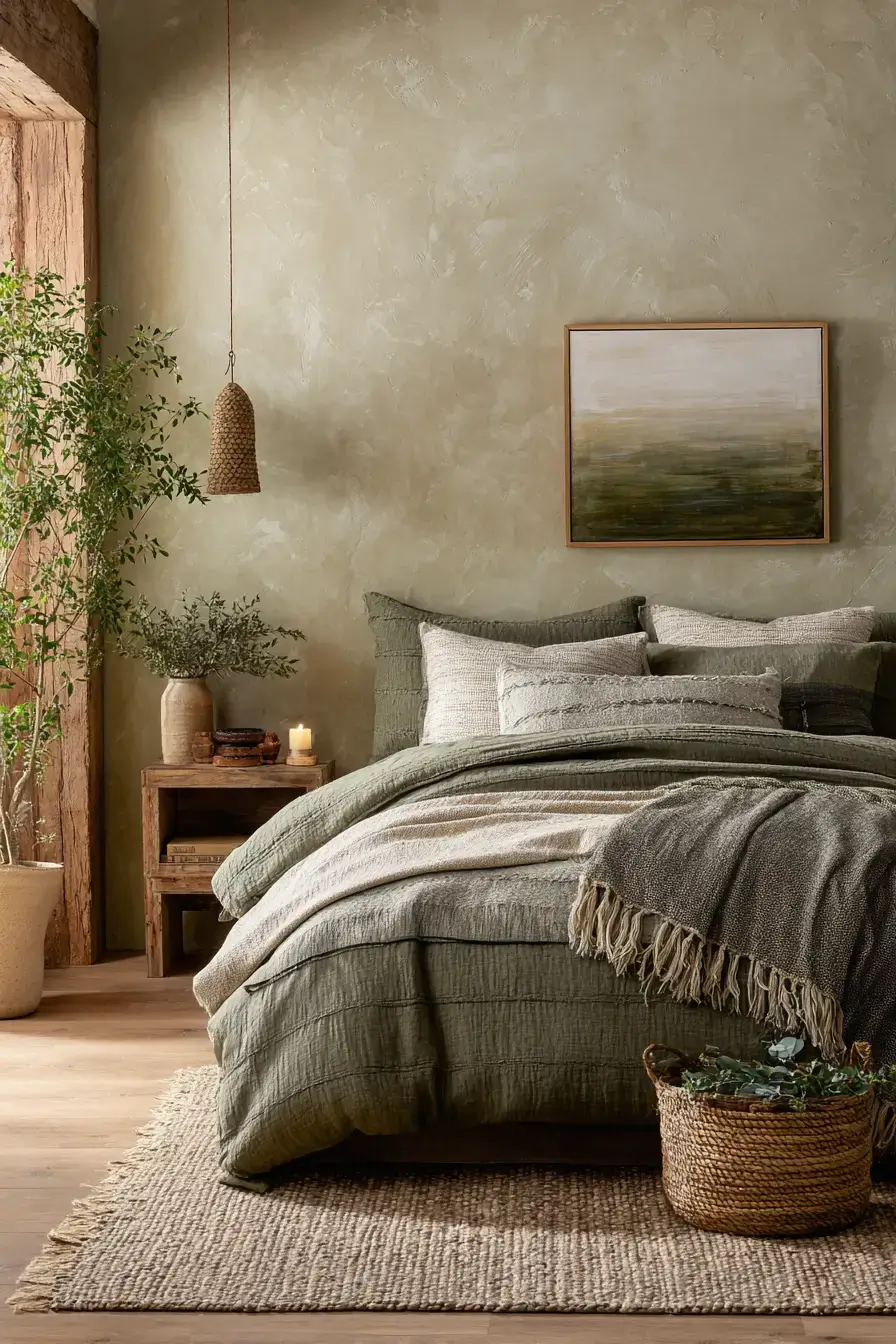 A subtle green boho bedroom with neutral bedding and handcrafted accessories