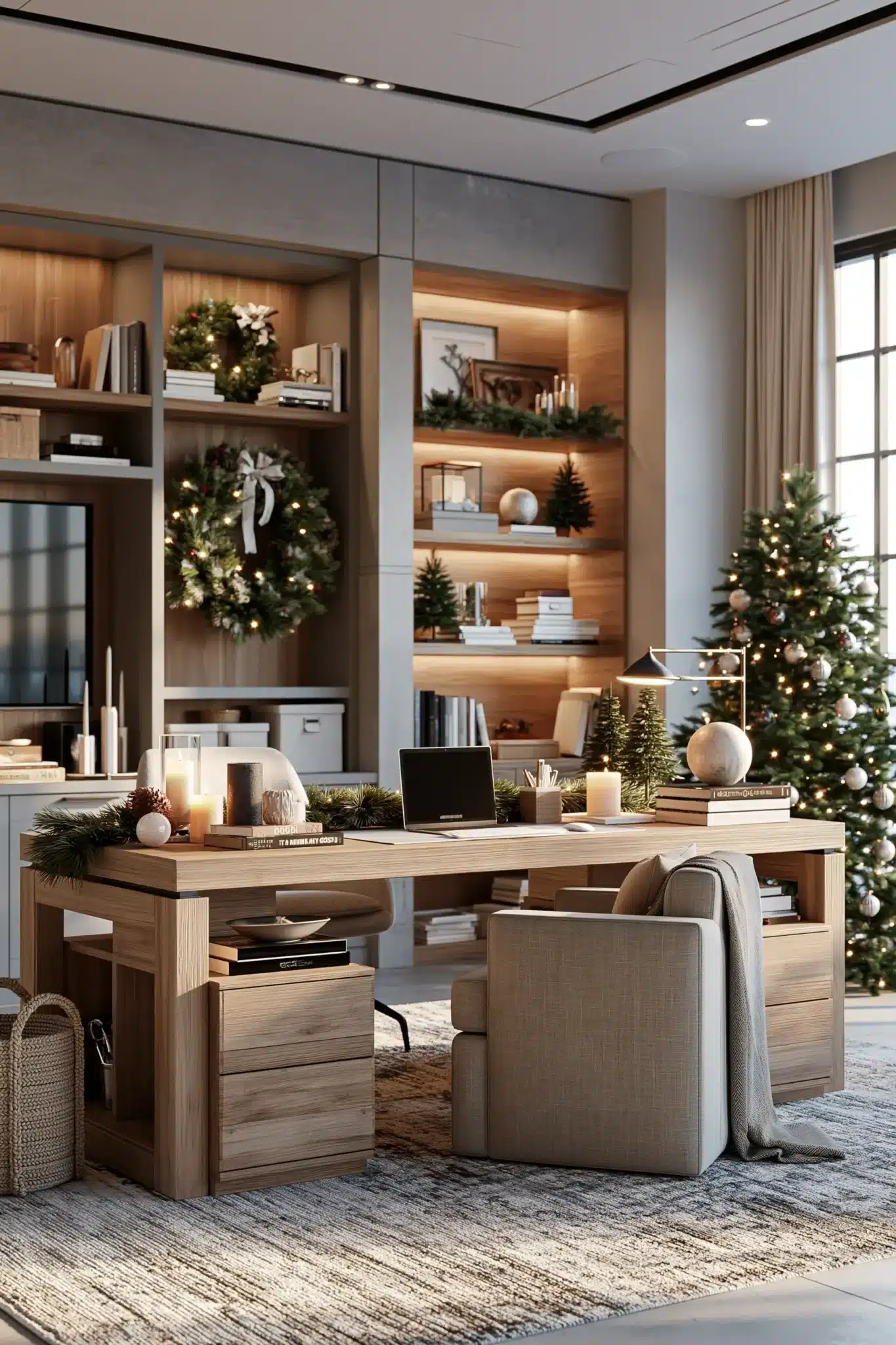 A home office styled with subtle Christmas decor and greenery