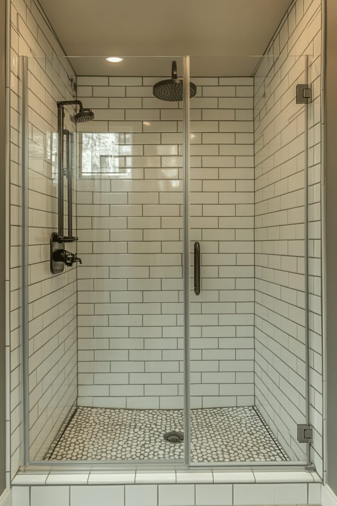 Small walk-in shower finished with subway tile and a glass door.