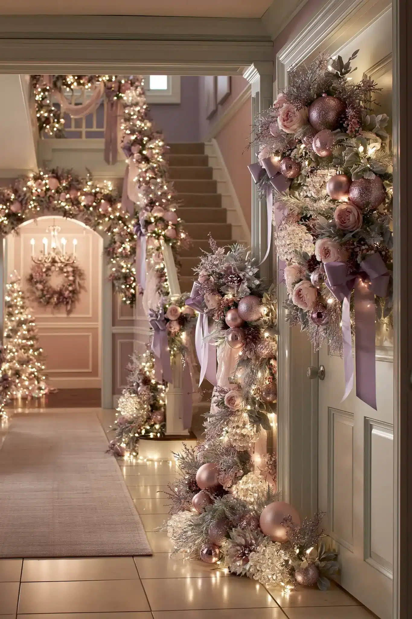 Whimsical hallway with sugar plum Christmas decor in pink and purple tones
