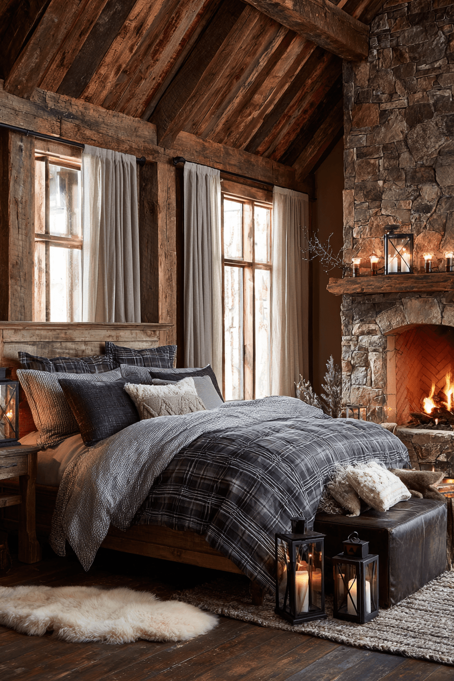 Cozy mountain-inspired bedroom with stone textures, pine wood, and warm layers