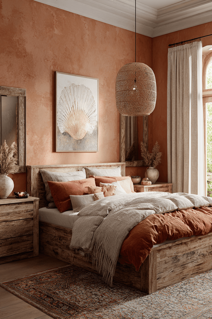 Beachy boho bedroom with sun-faded tones, vintage textiles, woven lighting, and natural fiber rugs
