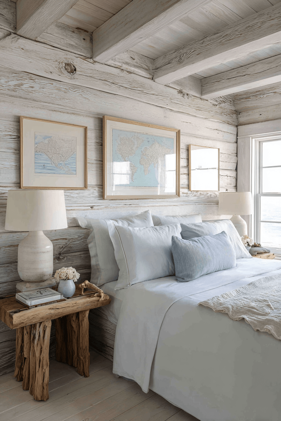 Whitewashed beachy bedroom with distressed white furniture muted coastal tones and shiplap wall
