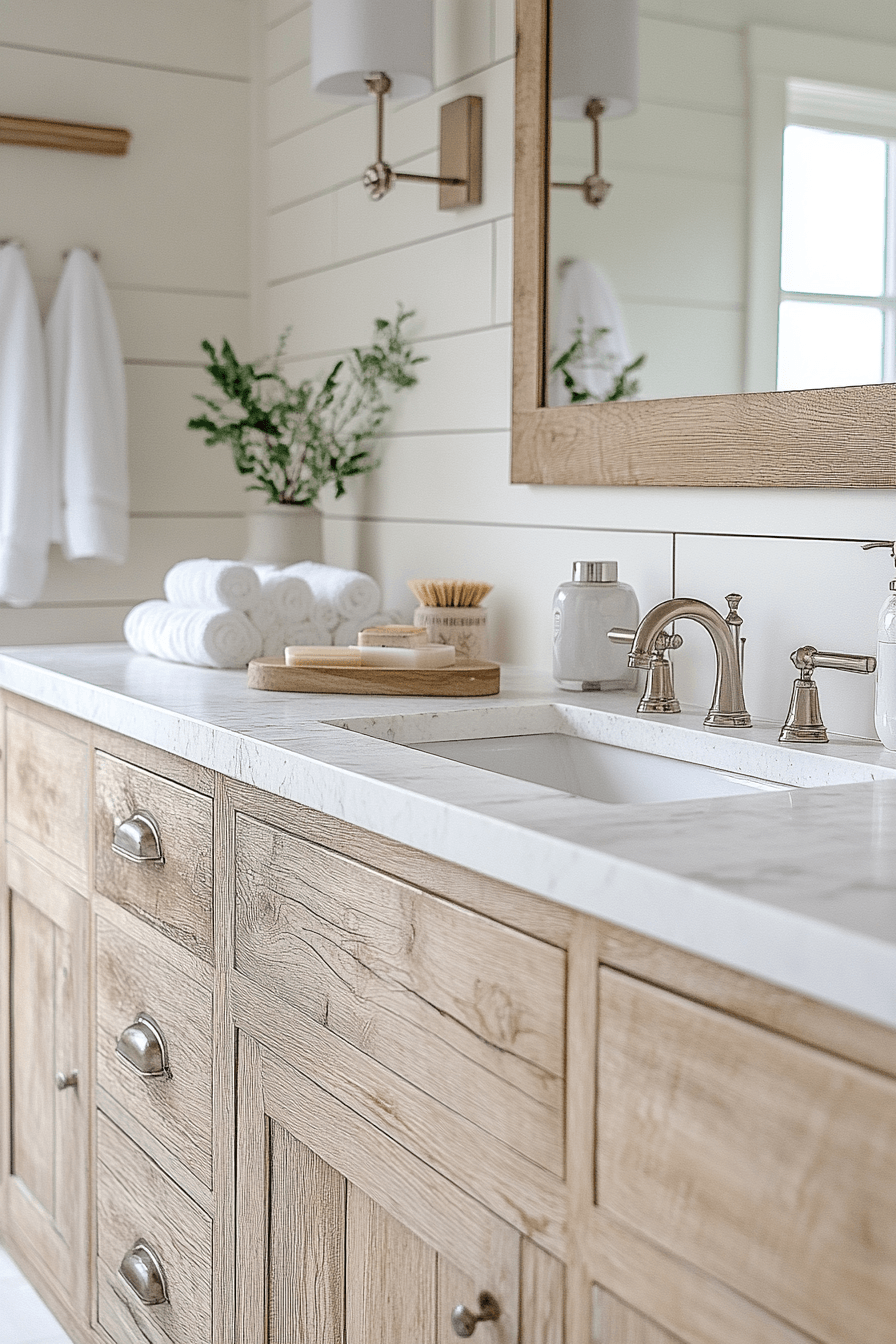 Sun-washed beachy bathroom with pale wood, white tile, and soft neutral accents