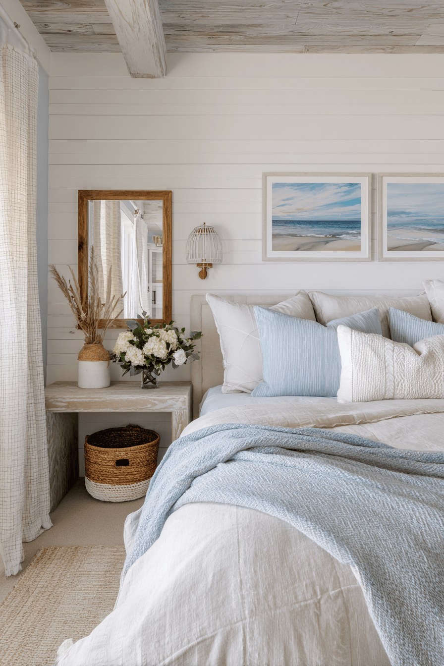 Lightwashed coastal bedroom with whitewashed finishes and pale blue accents