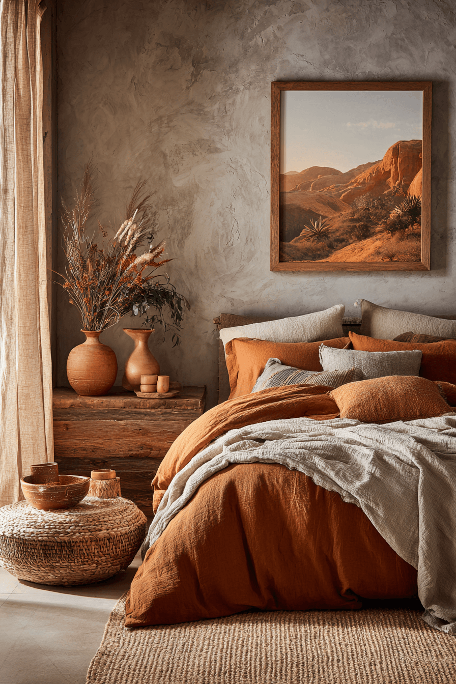 Earth-toned bedroom with terracotta accents, woven decor, and warm natural light
