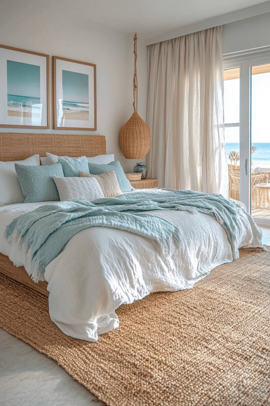 Airy beach theme bedroom with pale walls, whitewashed wood, and turquoise accents