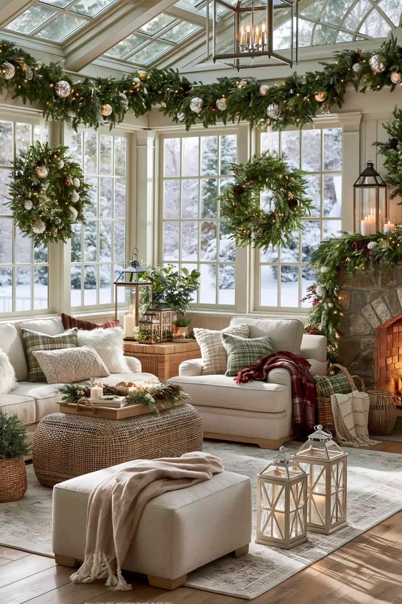 A sunroom decorated with greenery, lanterns, and holiday accents
