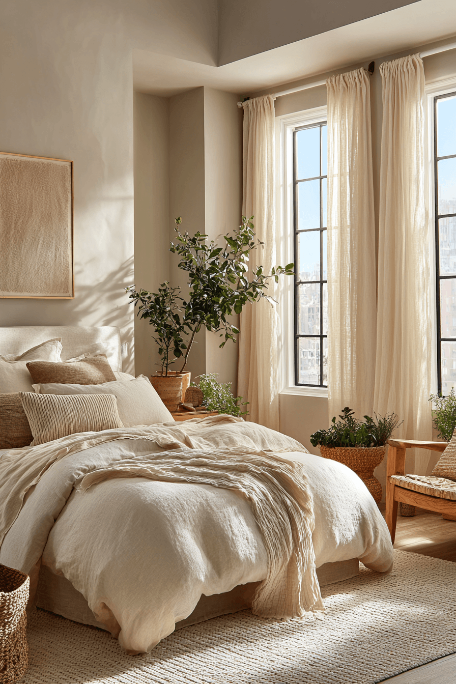 Bright warm neutral bedroom with sheer curtains, woven pendant light, and pale wood furniture