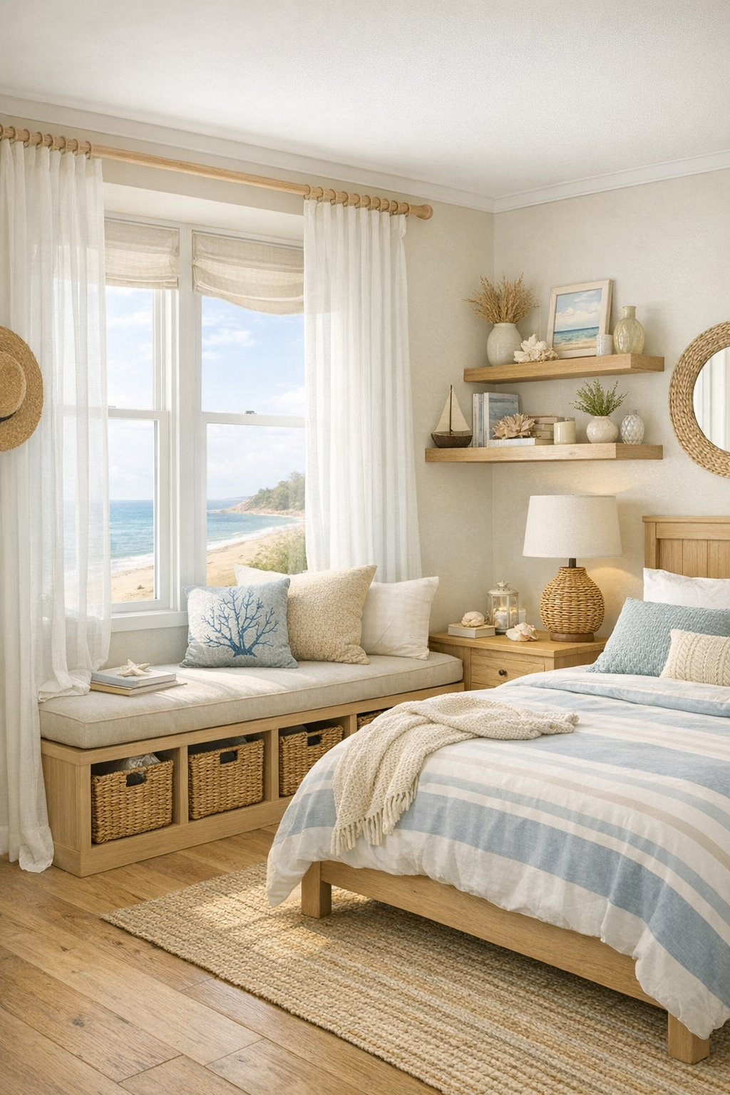 Coastal bedroom window seat with linen cushions woven storage baskets and soft natural light