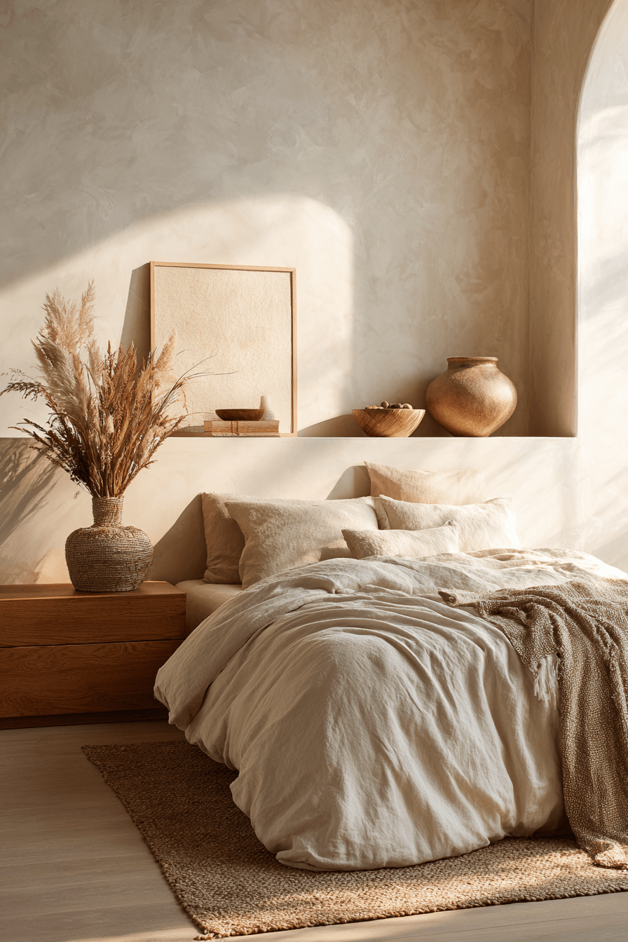 Golden hour warm neutral bedroom with linen bedding, sheer curtains, and brass lamp