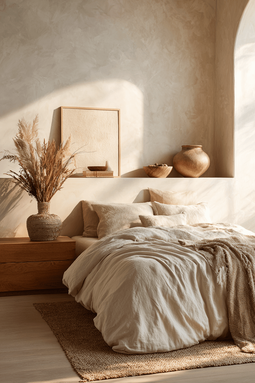 Radiant warm neutral bedroom with creamy whites, brass lighting, and pale wood furniture