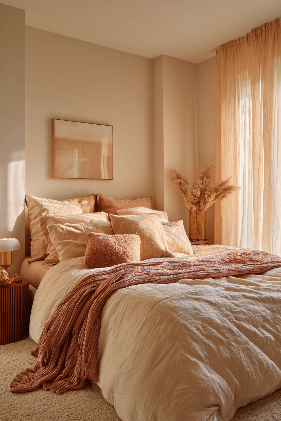 A sunset-inspired bedroom with peach, rose, and soft gold accents