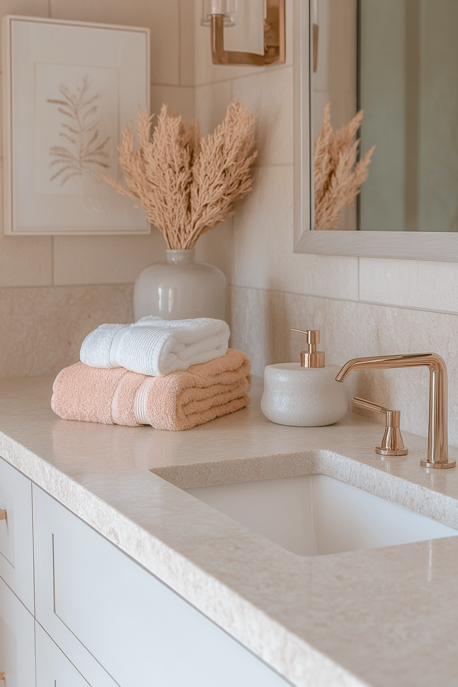 Beachy bathroom with coral undertones, creamy counters, and brass fixtures