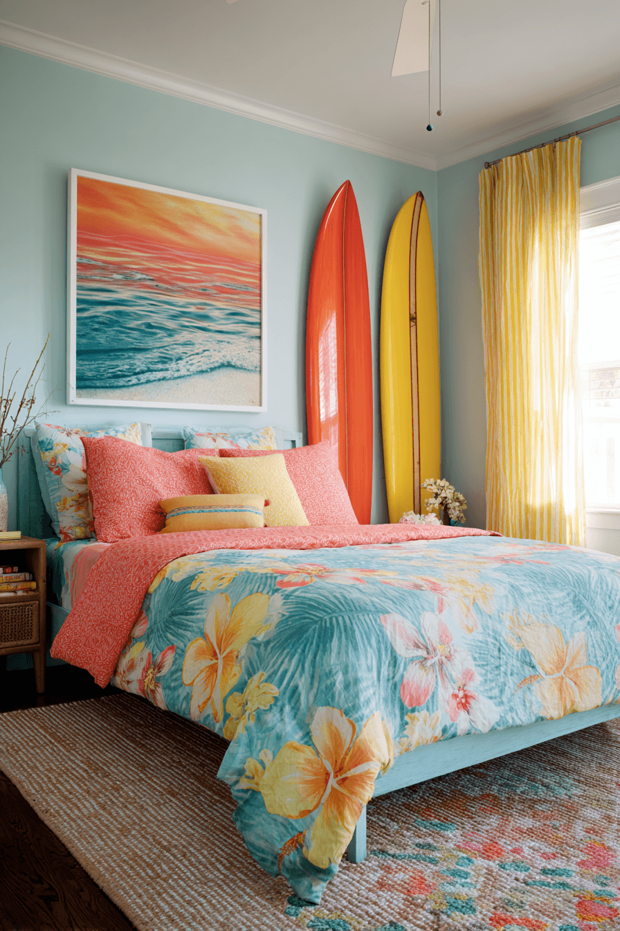 Playful surfer style beachy bedroom with surfboard decor colorful prints and casual textures