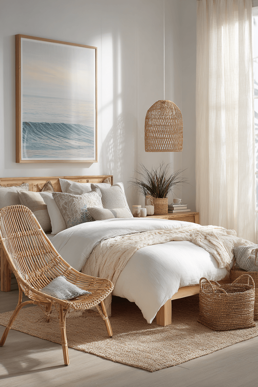 Beachy boho bedroom with a rattan headboard, textured mirror, cozy chair, and surfside-inspired colors