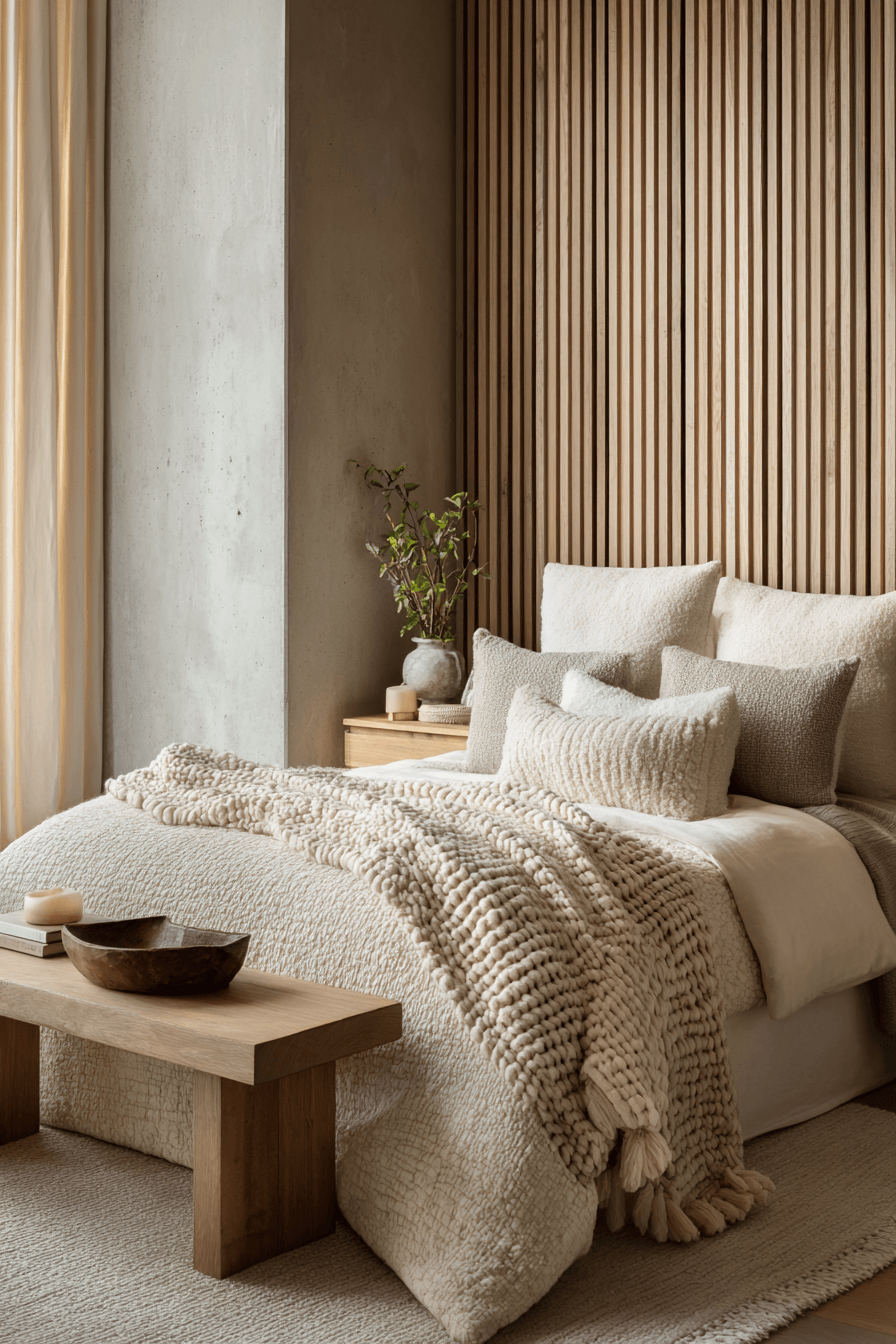 Warm minimalist bedroom with layered neutral textures and soft tactile finishes