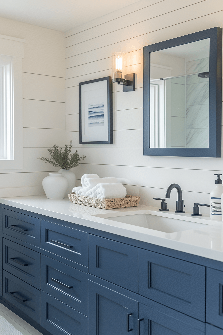 Minimal beachy bathroom with white surfaces, navy accents, and clean fixtures
