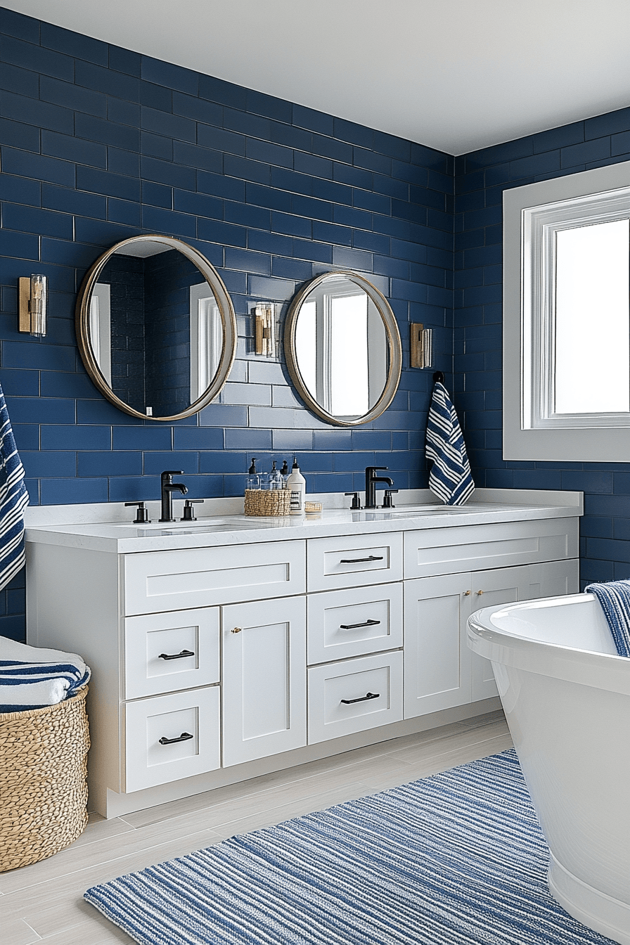 Modern coastal bathroom with navy accents, rope mirror, and brass light fixtures