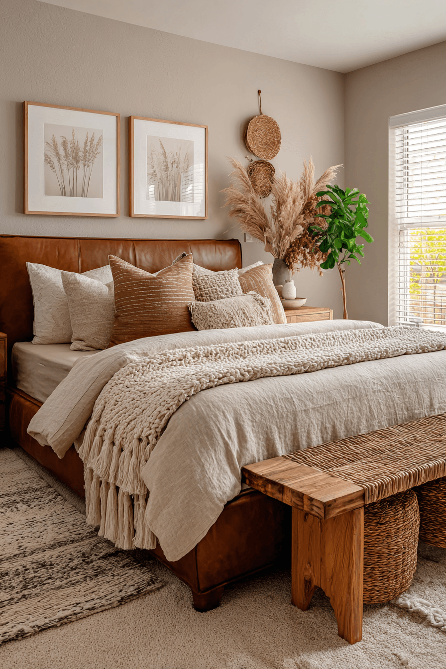 Beachy boho bedroom with tan tones, leather accents, woven wall decor, and chunky knit bedding