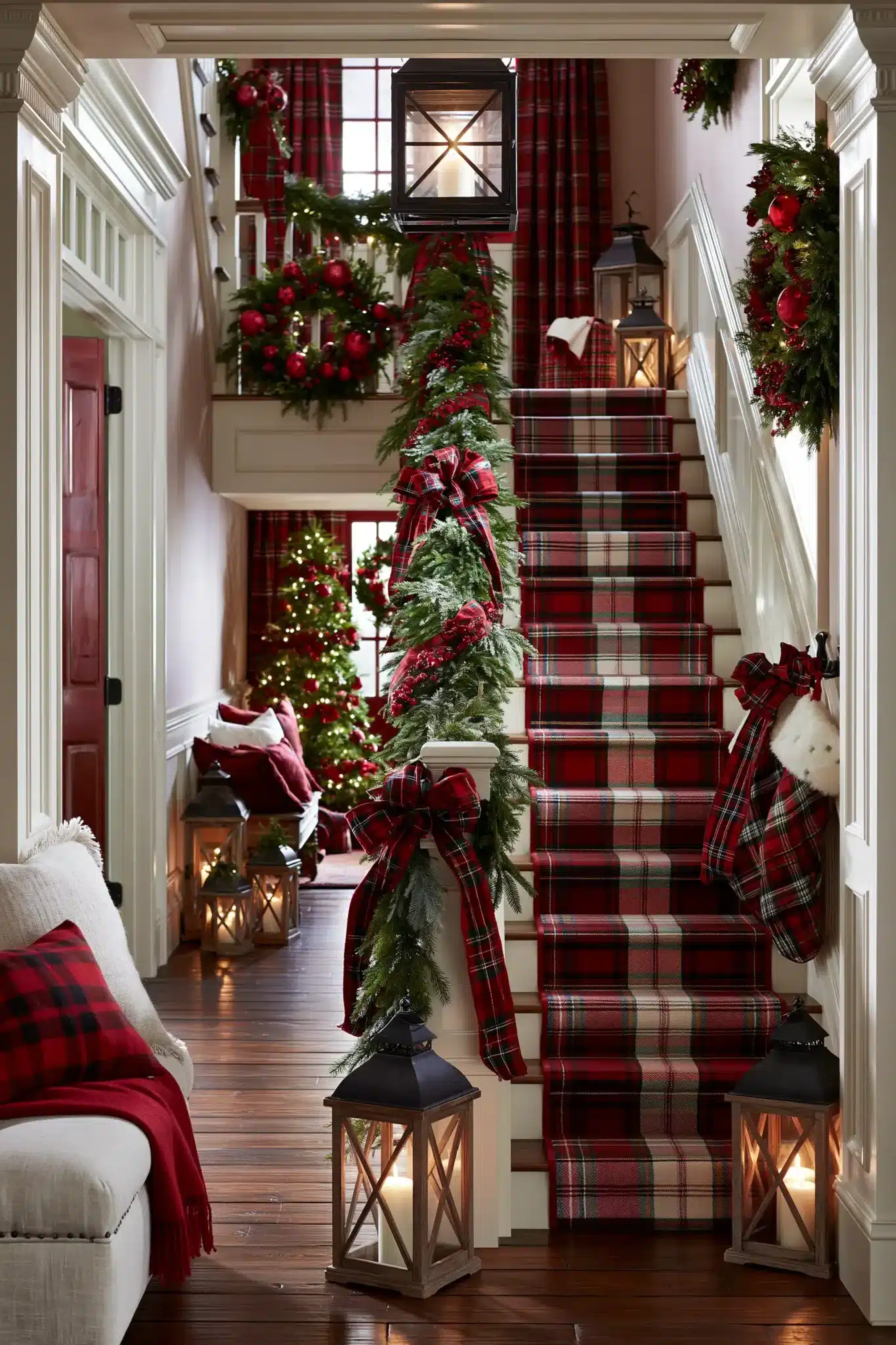Cozy hallway decorated with tartan ribbons, evergreen garlands, and warm lights