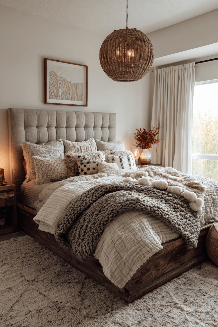 Taupe textured bedroom with upholstered headboard, wool rug, and layered pillows
