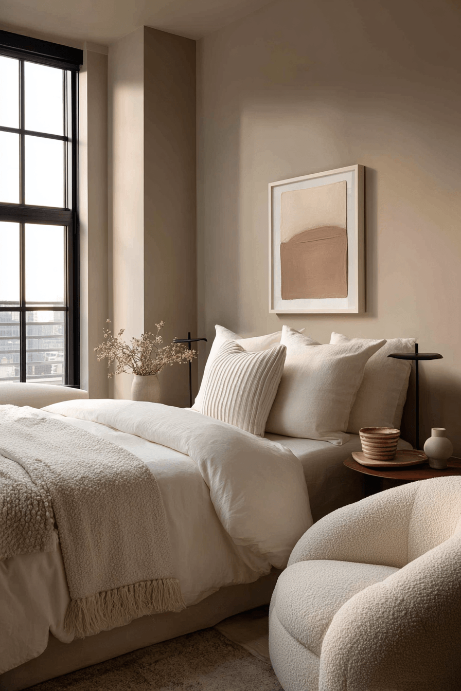 Warm minimalist bedroom in taupe with ivory bedding and subtle dark accents