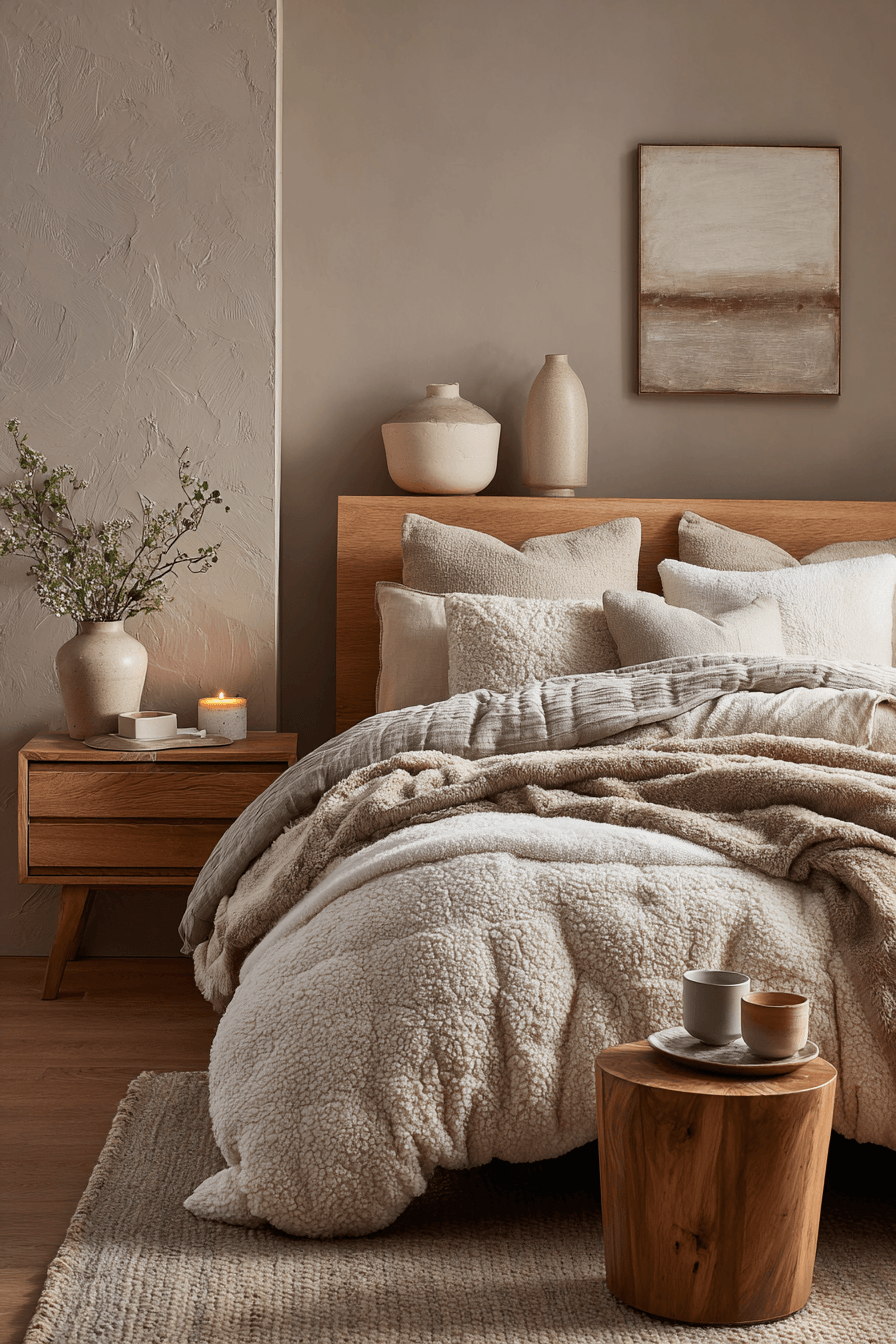 A warm cozy bedroom in taupe tones with boucle texture and wood accents.