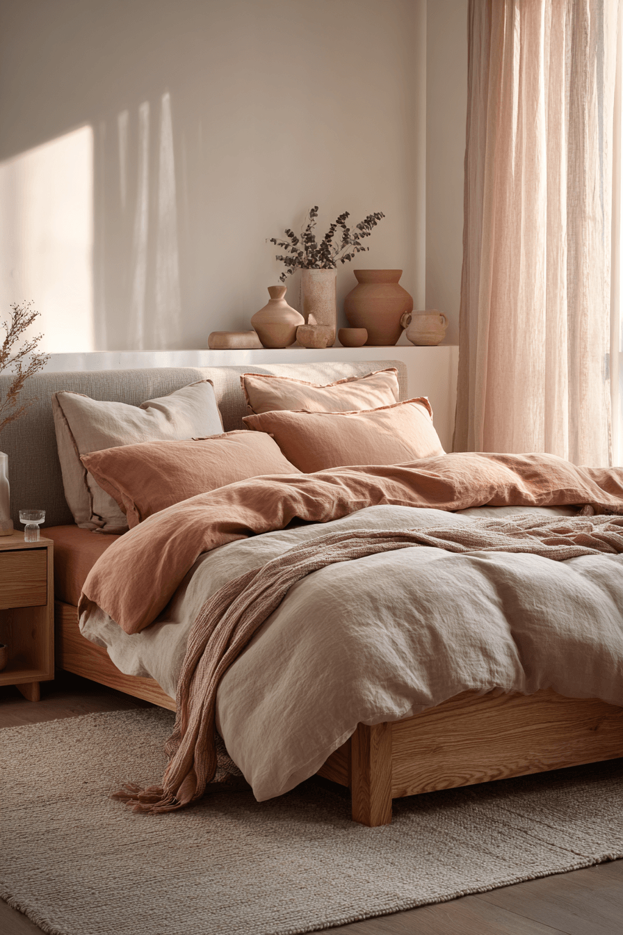 Warm neutral bedroom with terracotta and blush accents on a taupe backdrop