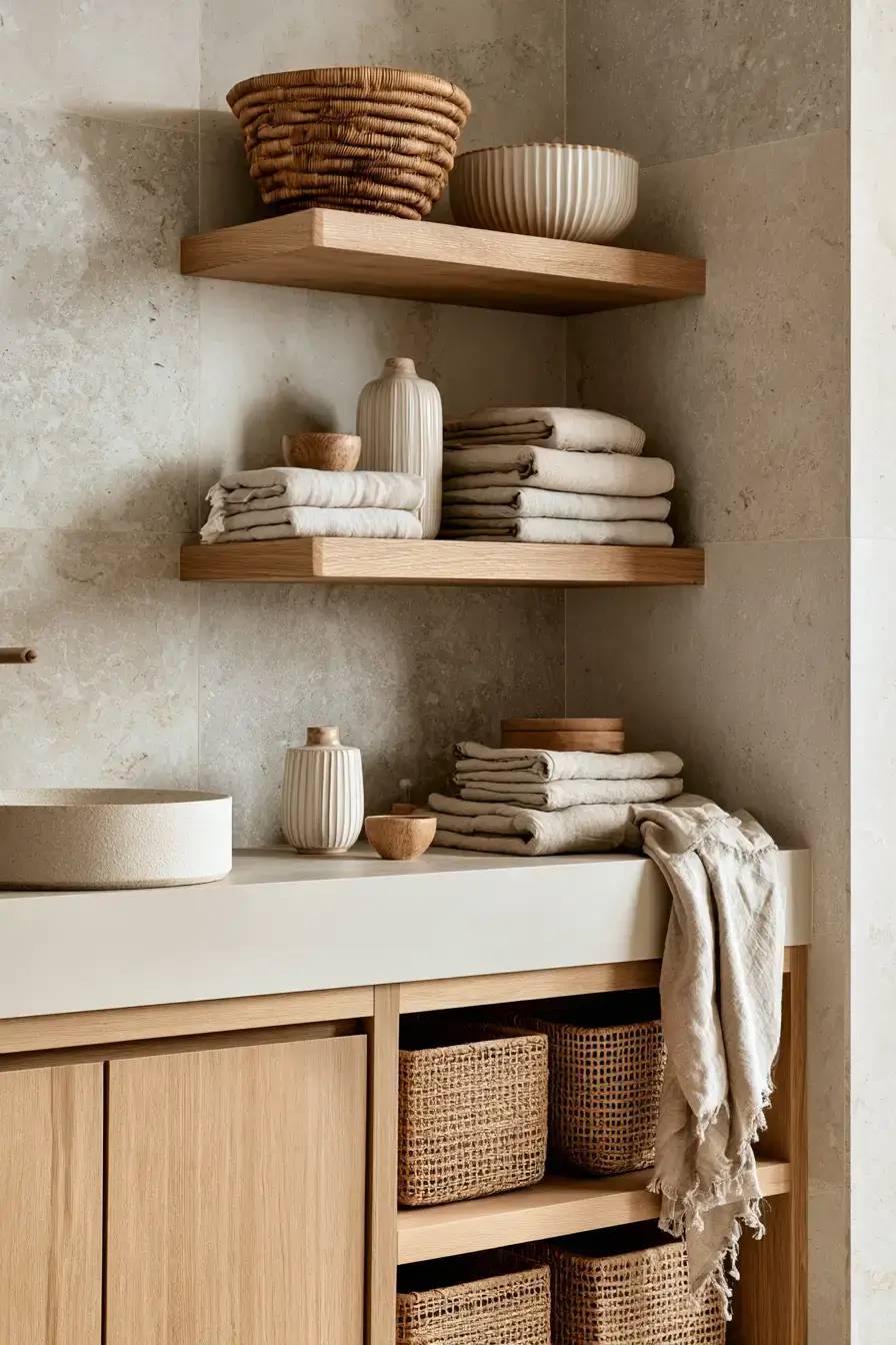 Japandi bathroom layered with ribbed ceramics, woven baskets, linen, and stone details