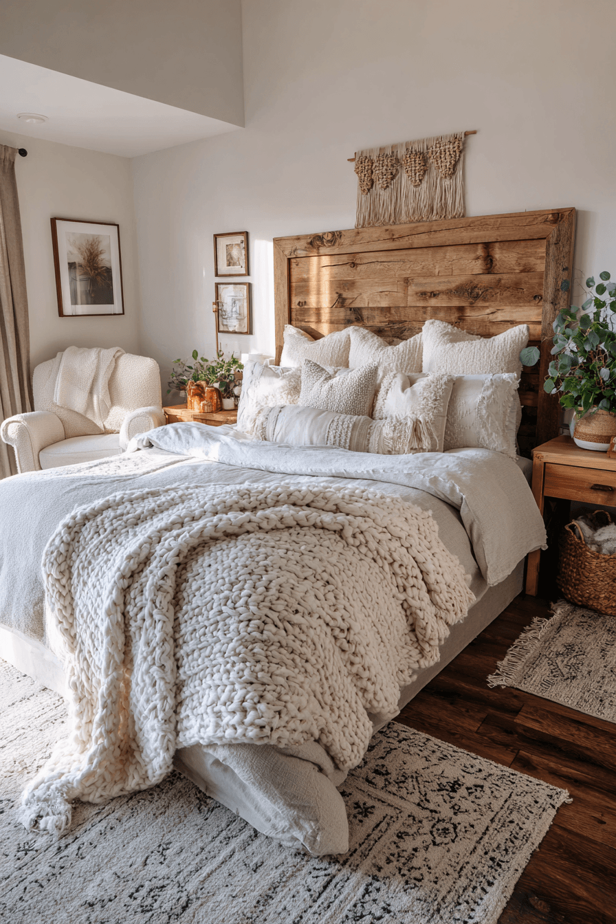 A cozy bedroom filled with layered knits, boucle pillows, and natural wood accents.