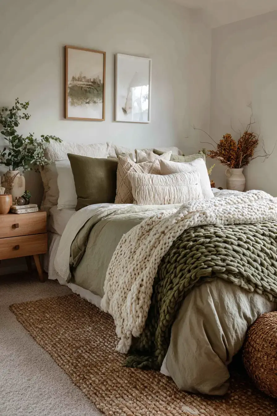 A textured green boho bedroom with jute, linen, and layered rugs