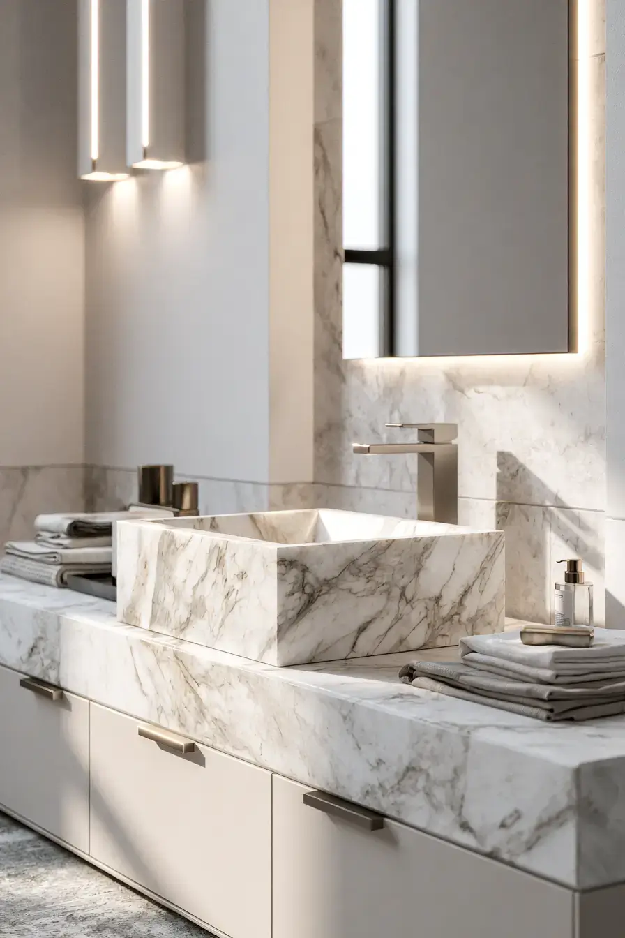 A textured marble stone sink with elegant veining in a refined bathroom