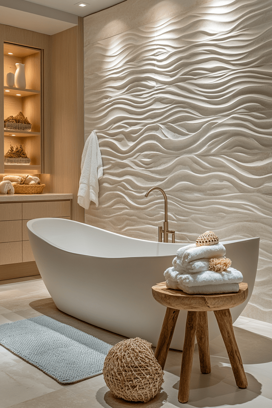 Ocean bathroom with textured tile shower walls, round mirror, and driftwood accents