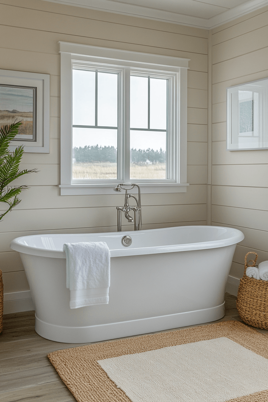 Coastal bathroom with textured walls, soft neutral finishes, and natural light