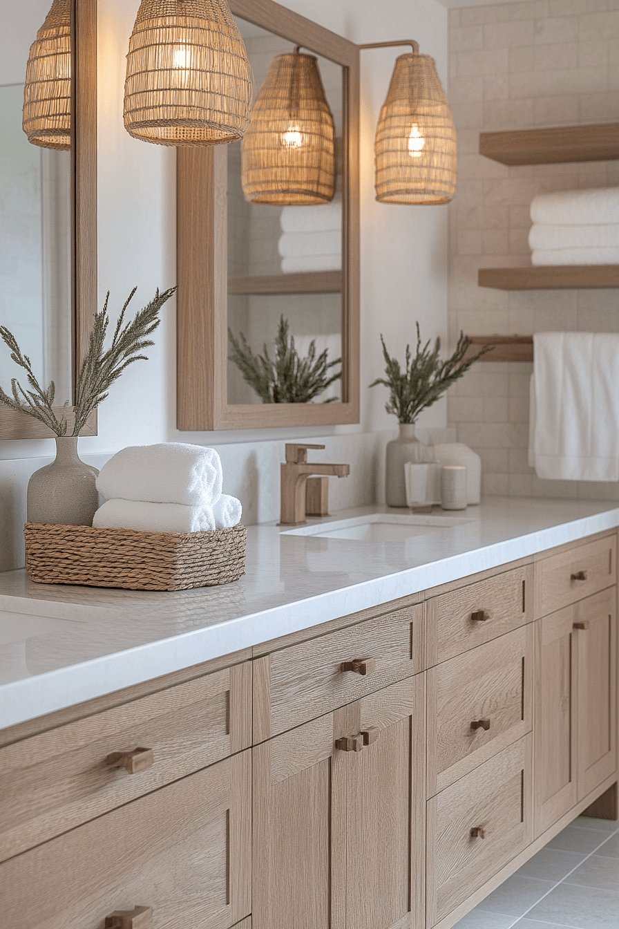 Coastal bathroom with woven textures, rattan lighting, and soft seaside styling