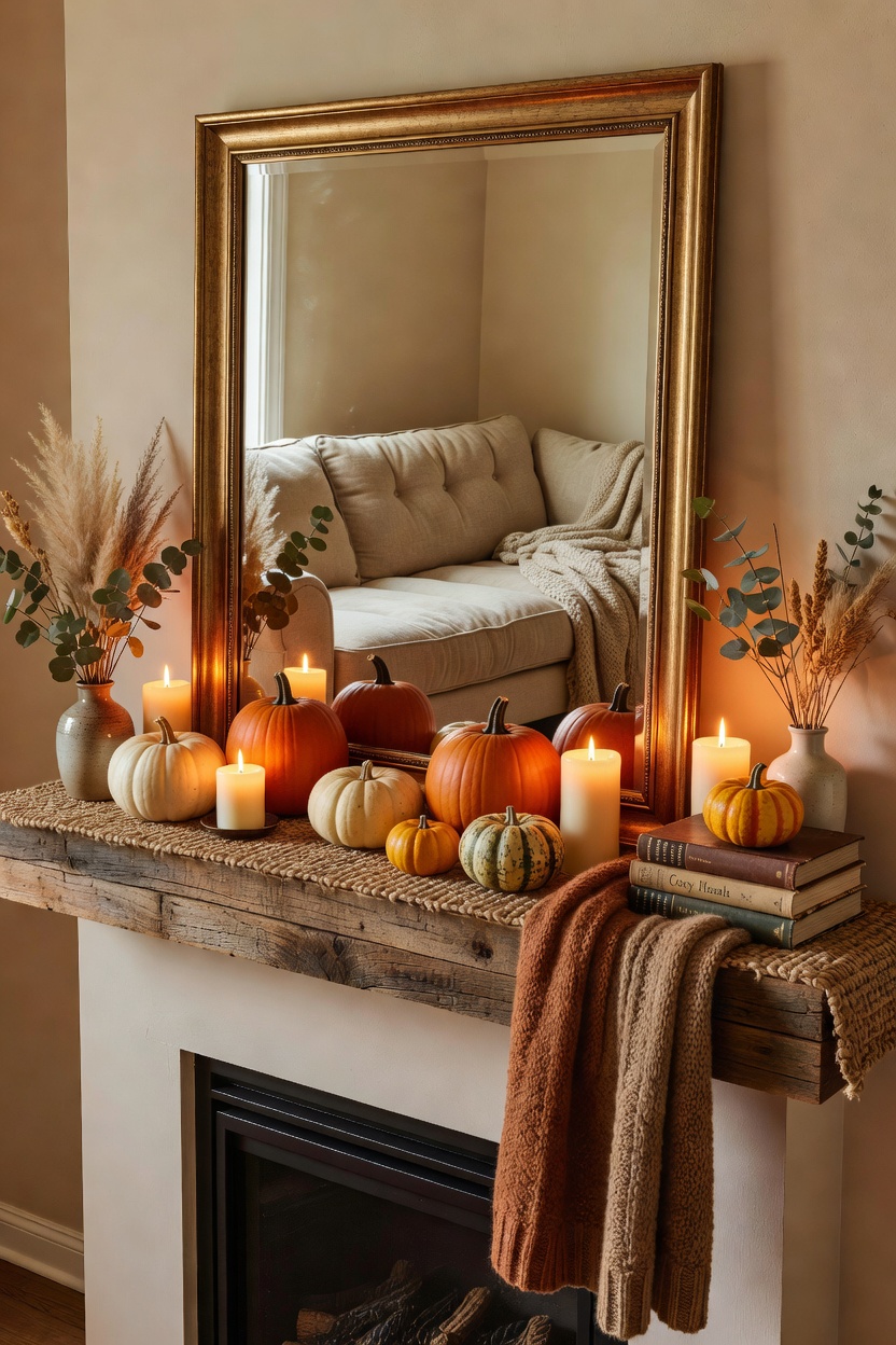 A Thanksgiving mantel styled with pumpkins, candles, greenery, and a large mirror reflecting warm candlelight.