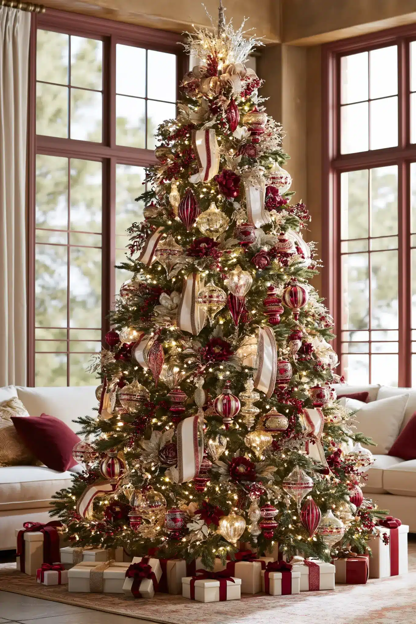 A grand Christmas tree decorated with traditional ornaments and ribbon