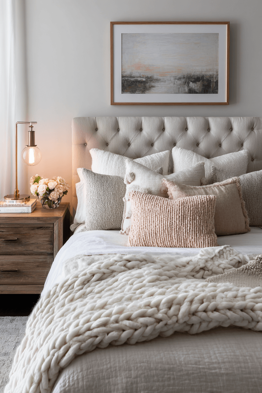 A cozy bed styled with oversized pillows, textured cushions, and a soft neutral duvet.