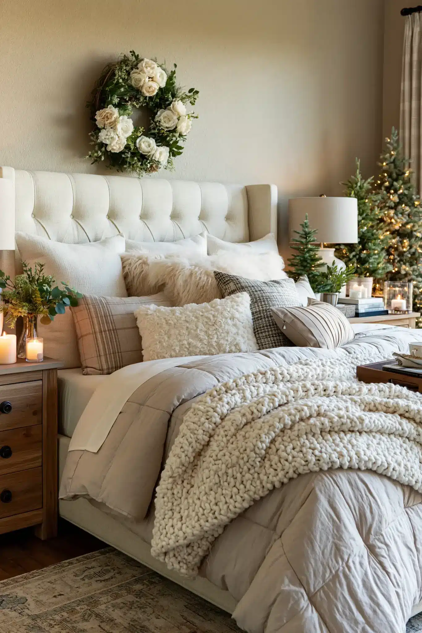 A guest room decorated with soft bedding and classic Christmas accents