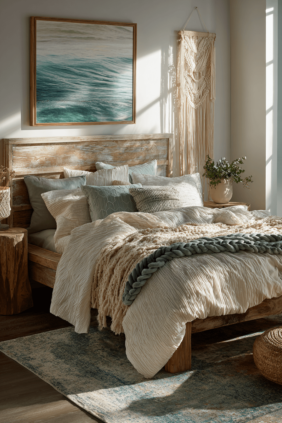 Beachy boho bedroom with wavy textiles, basket lighting, textured wall hangings, and sea-glass green accents