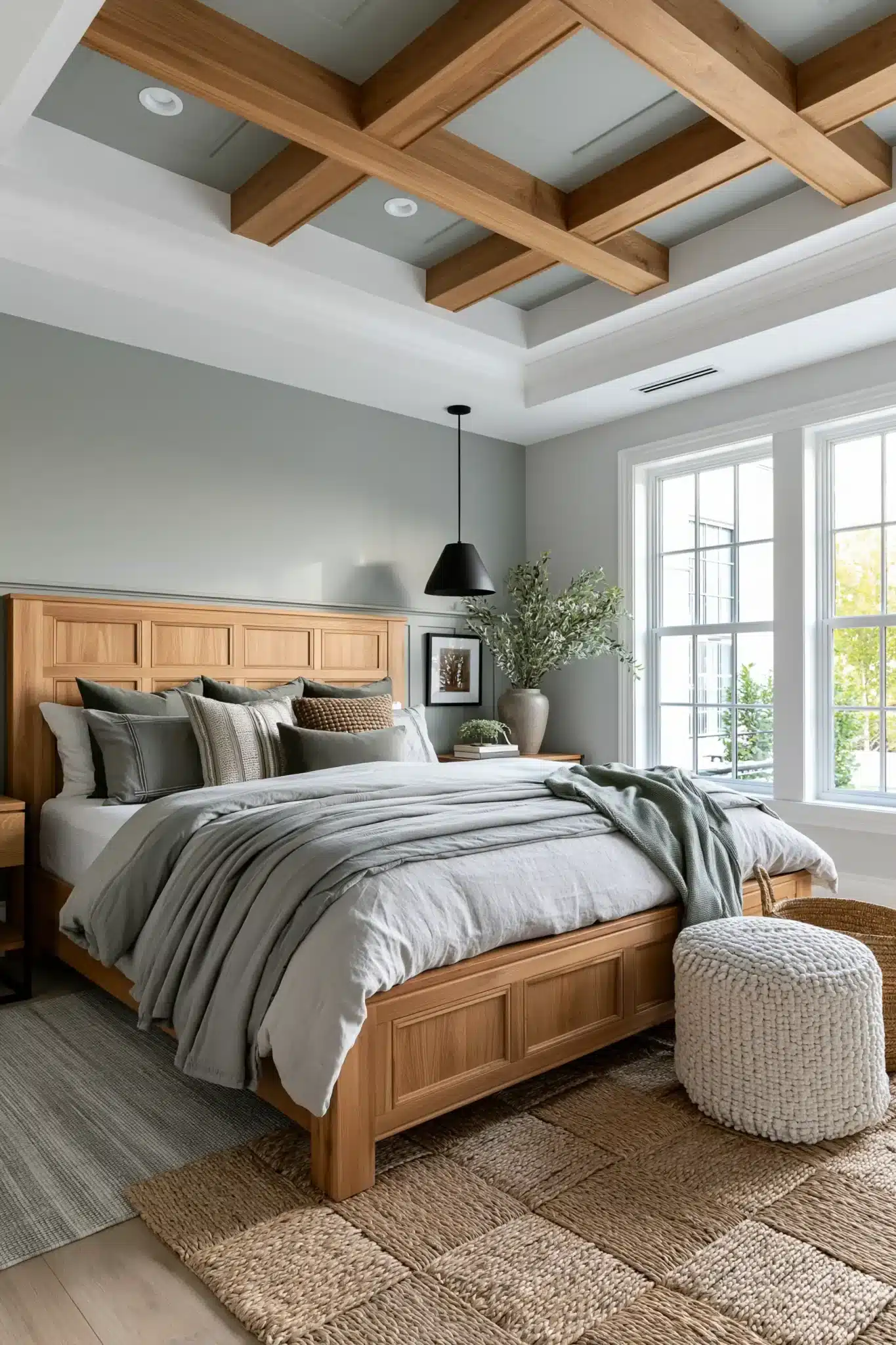 Timber furniture in a sage green and grey bedroom with woven textures and soft bedding