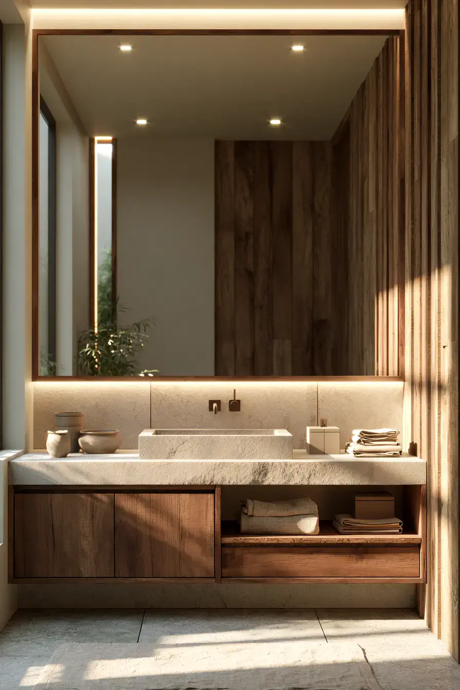 Modern Japandi bathroom softened by natural timber, stone, and linen details