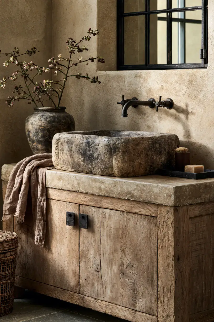 An old-world inspired bathroom featuring textured stone and earthy tones