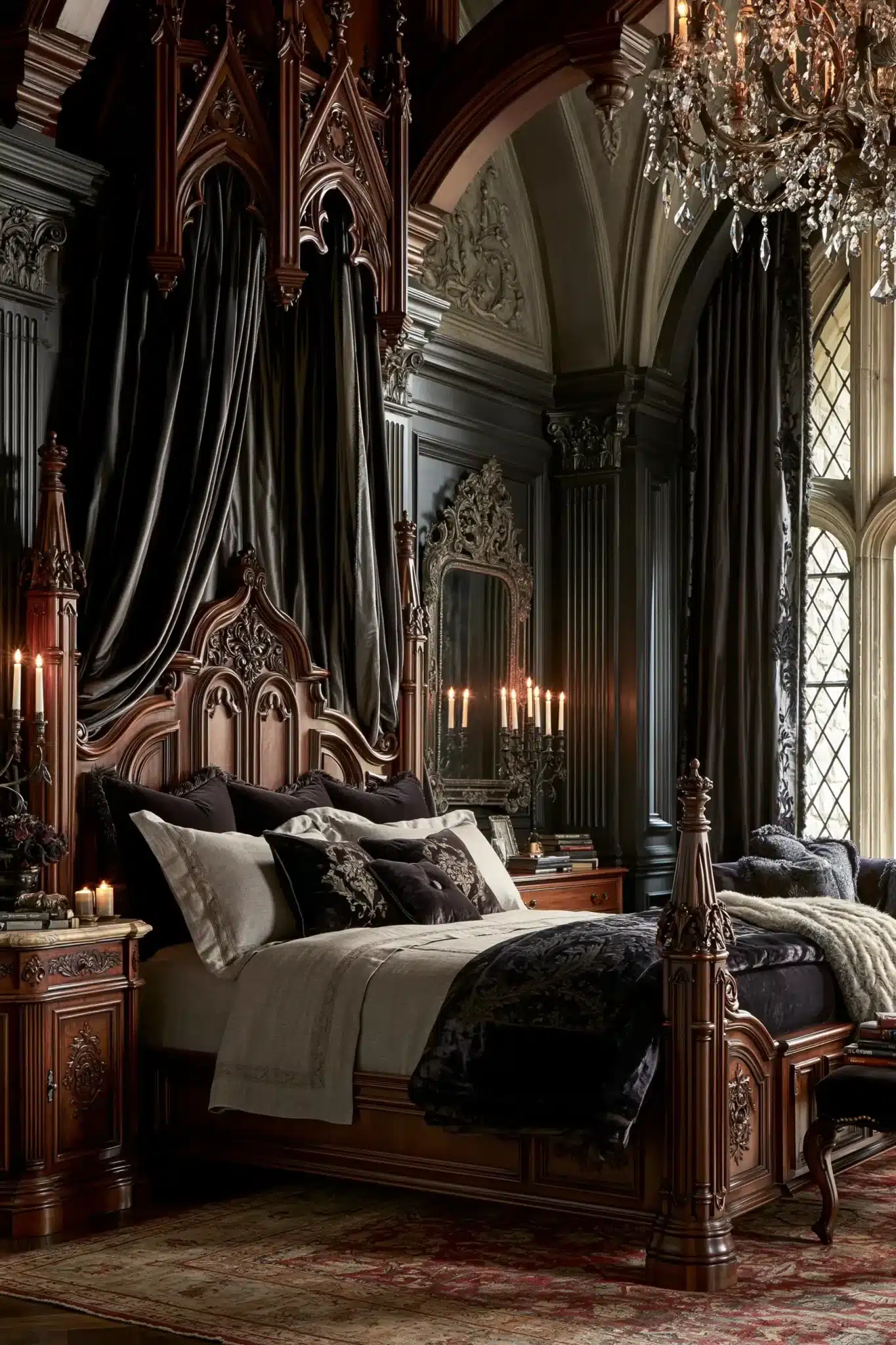 A timeless gothic bedroom with black and ivory tones, carved furniture, and elegant finishes