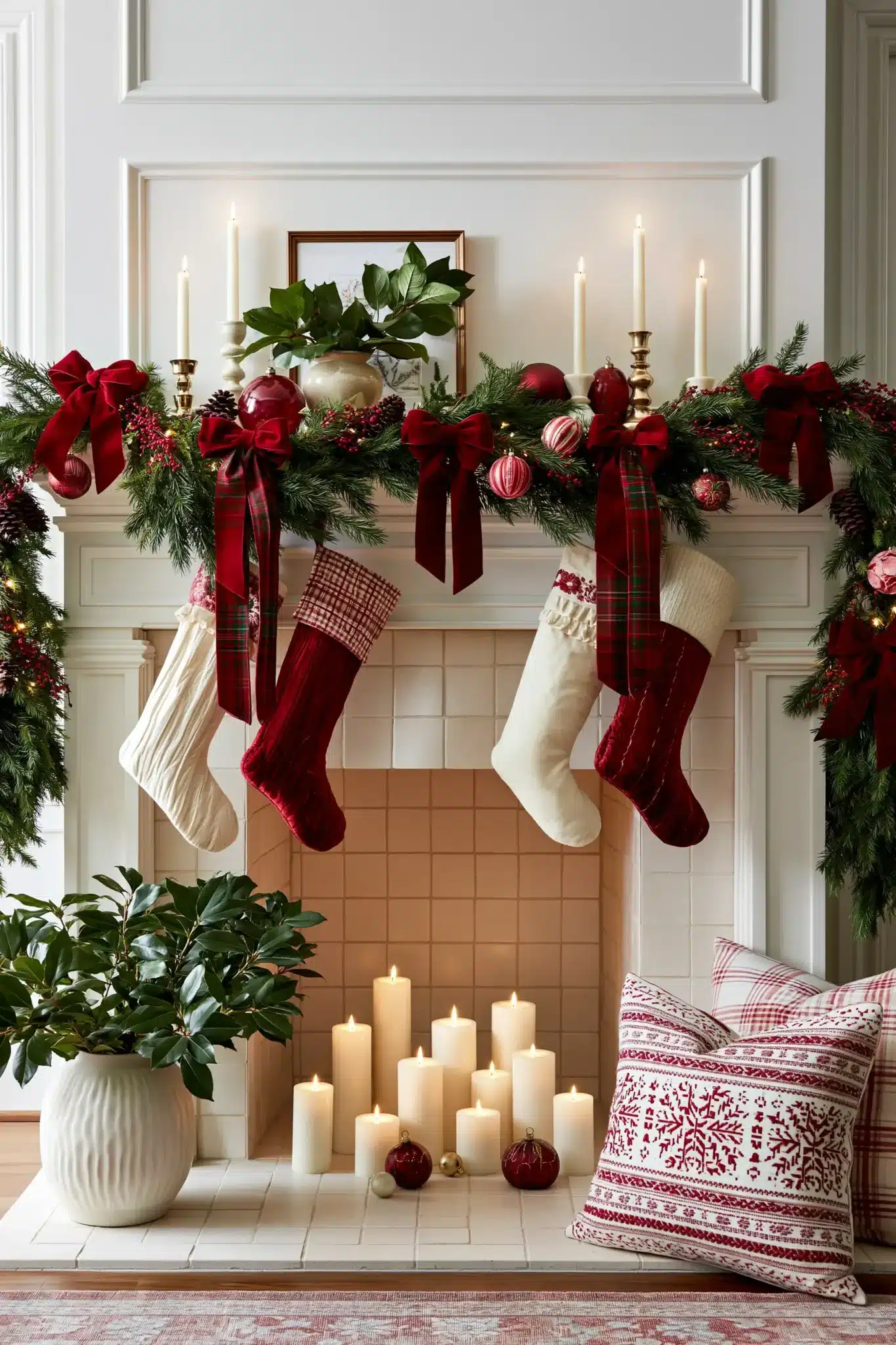 Traditional Christmas mantel with red bows, evergreen garland, and stockings