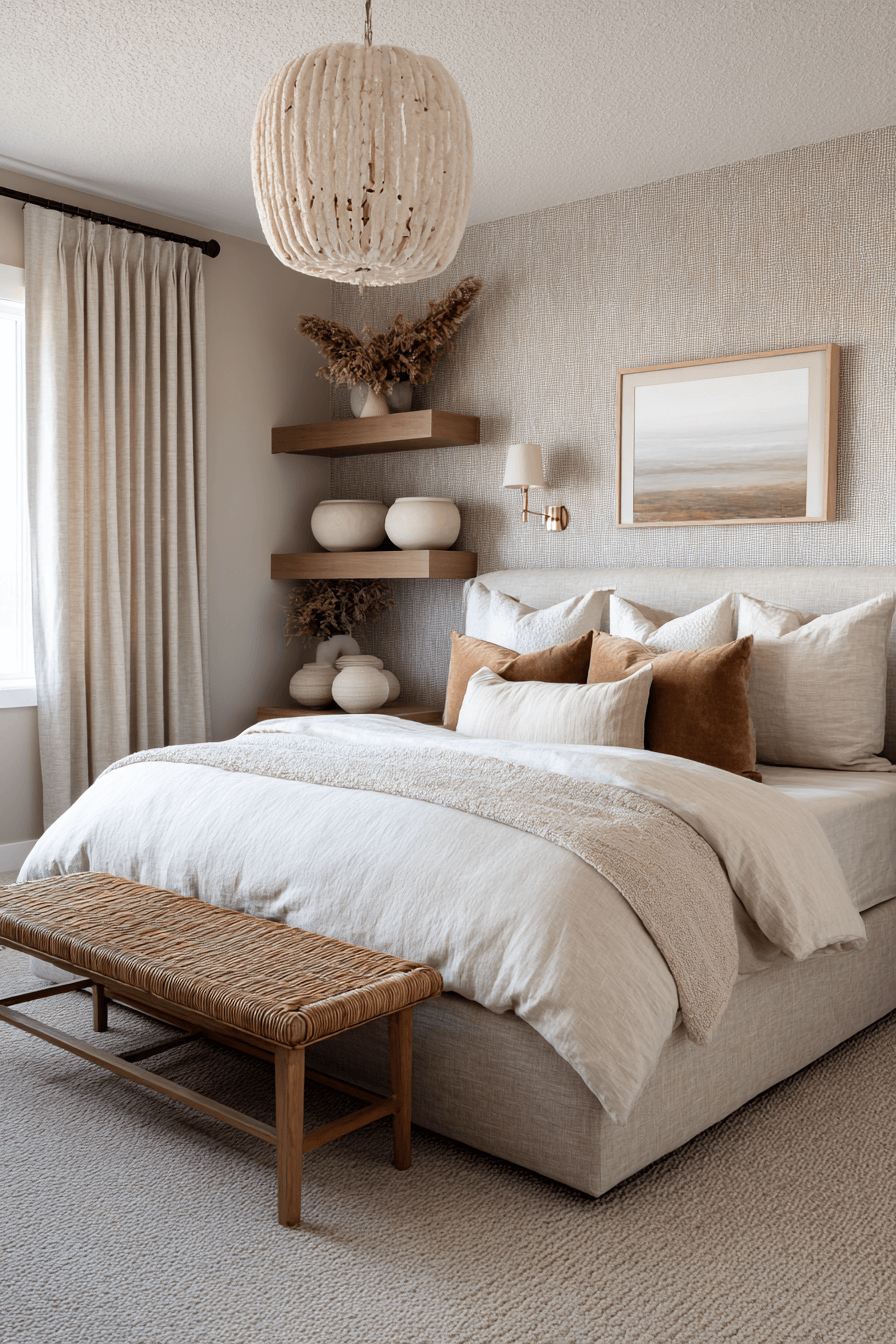 Layered warm neutral bedroom with upholstered bed, boucle pillows, and rattan pendant